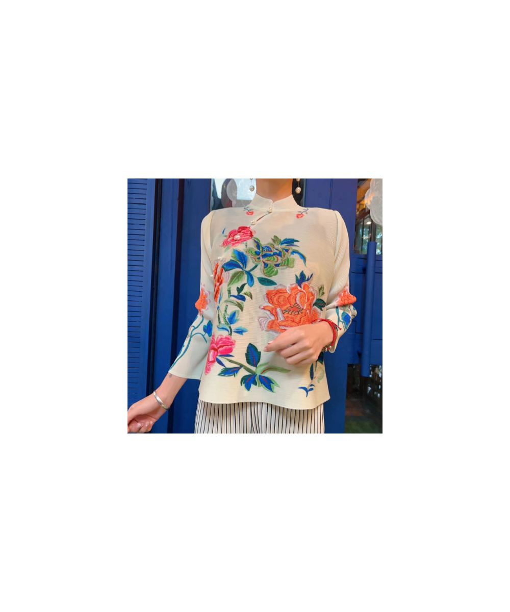 2023 Miyake Pleated Improved Tang Suit Top for Women Retro Chinese Stand Collar Flower Printed Loose Tshirt Female Casual $58...