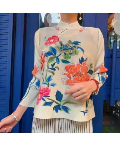 2023 Miyake Pleated Improved Tang Suit Top for Women Retro Chinese Stand Collar Flower Printed Loose Tshirt Female Casual $58...