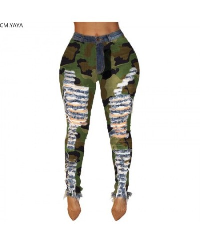 2023 New Autumn Winter Female Denim Pants Women Skinny Hole Spliced Camouflage Print Jeans Sexy Pencil Bandage Trousers $39.1...