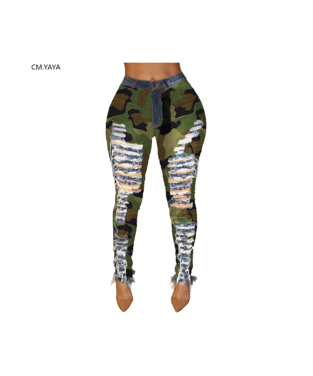 2023 New Autumn Winter Female Denim Pants Women Skinny Hole Spliced Camouflage Print Jeans Sexy Pencil Bandage Trousers $39.1...