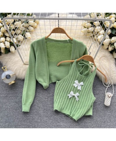 Knitted Two Piece Set Woman Sweater Korean Fashion Cardigan Mujer Long Sleeve + Sweet O-neck Halter Camisole Tank $34.26 - Sw...