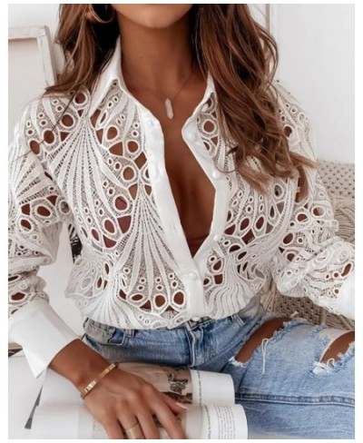 Shirt For Women 2022 Sexy Fashion Eyelet Embroidery Long Sleeve Turn-down Collar Button Down Cotton Shirt $40.88 - Tops & Tees