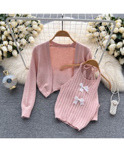 Knitted Two Piece Set Woman Sweater Korean Fashion Cardigan Mujer Long Sleeve + Sweet O-neck Halter Camisole Tank $34.26 - Sw...