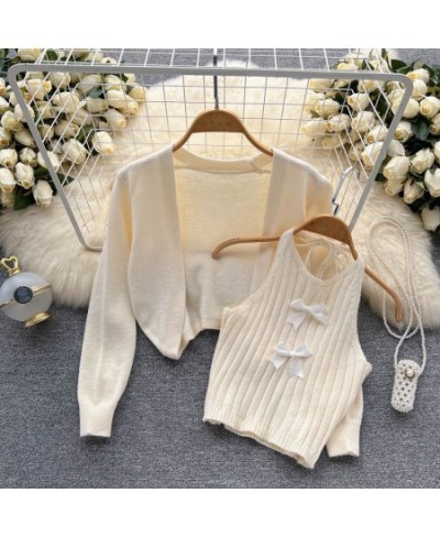 Knitted Two Piece Set Woman Sweater Korean Fashion Cardigan Mujer Long Sleeve + Sweet O-neck Halter Camisole Tank $34.26 - Sw...