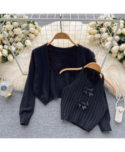 Knitted Two Piece Set Woman Sweater Korean Fashion Cardigan Mujer Long Sleeve + Sweet O-neck Halter Camisole Tank $34.26 - Sw...