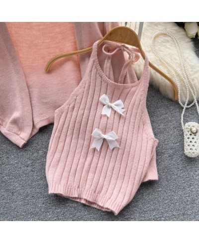 Knitted Two Piece Set Woman Sweater Korean Fashion Cardigan Mujer Long Sleeve + Sweet O-neck Halter Camisole Tank $34.26 - Sw...