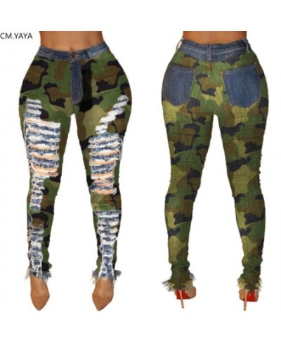 2023 New Autumn Winter Female Denim Pants Women Skinny Hole Spliced Camouflage Print Jeans Sexy Pencil Bandage Trousers $39.1...