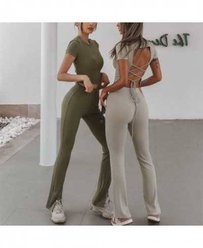 Summer Women's Sexy O-Neck Backless Bandage Two-piece Set short Sleeve Short Top High Waist Trousers Casual Fitness Pants Set...