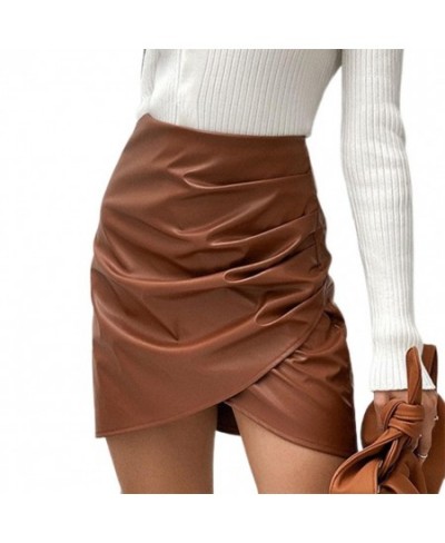 Women Mini Skirts Faux Leather Zipper Closure Asymmetric Hem High Waist Ruched Skirt Streetwear $33.32 - Skirts