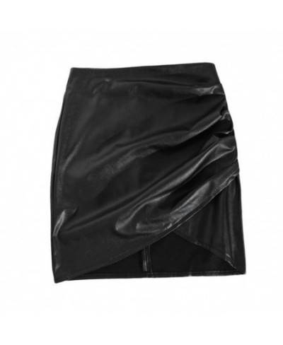 Women Mini Skirts Faux Leather Zipper Closure Asymmetric Hem High Waist Ruched Skirt Streetwear $33.32 - Skirts