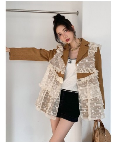 High Street Blazers Fo Women Notched Collar Long Sleeve Single Breasted Patchwork Mesh Ruffles Chic Blazer Femake 2022 $75.23...