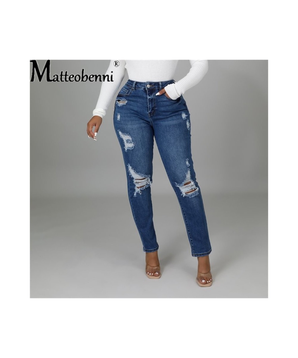 Light Blue Ripped Jeans for Women 2023 Street Style Sexy Mid Rise Distressed Trouser Stretch Skinny Hole Denim Pencil Pants $...