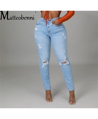 Light Blue Ripped Jeans for Women 2023 Street Style Sexy Mid Rise Distressed Trouser Stretch Skinny Hole Denim Pencil Pants $...