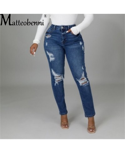 Light Blue Ripped Jeans for Women 2023 Street Style Sexy Mid Rise Distressed Trouser Stretch Skinny Hole Denim Pencil Pants $...