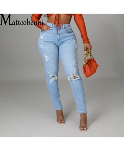 Light Blue Ripped Jeans for Women 2023 Street Style Sexy Mid Rise Distressed Trouser Stretch Skinny Hole Denim Pencil Pants $...