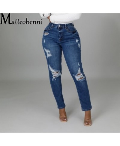 Light Blue Ripped Jeans for Women 2023 Street Style Sexy Mid Rise Distressed Trouser Stretch Skinny Hole Denim Pencil Pants $...