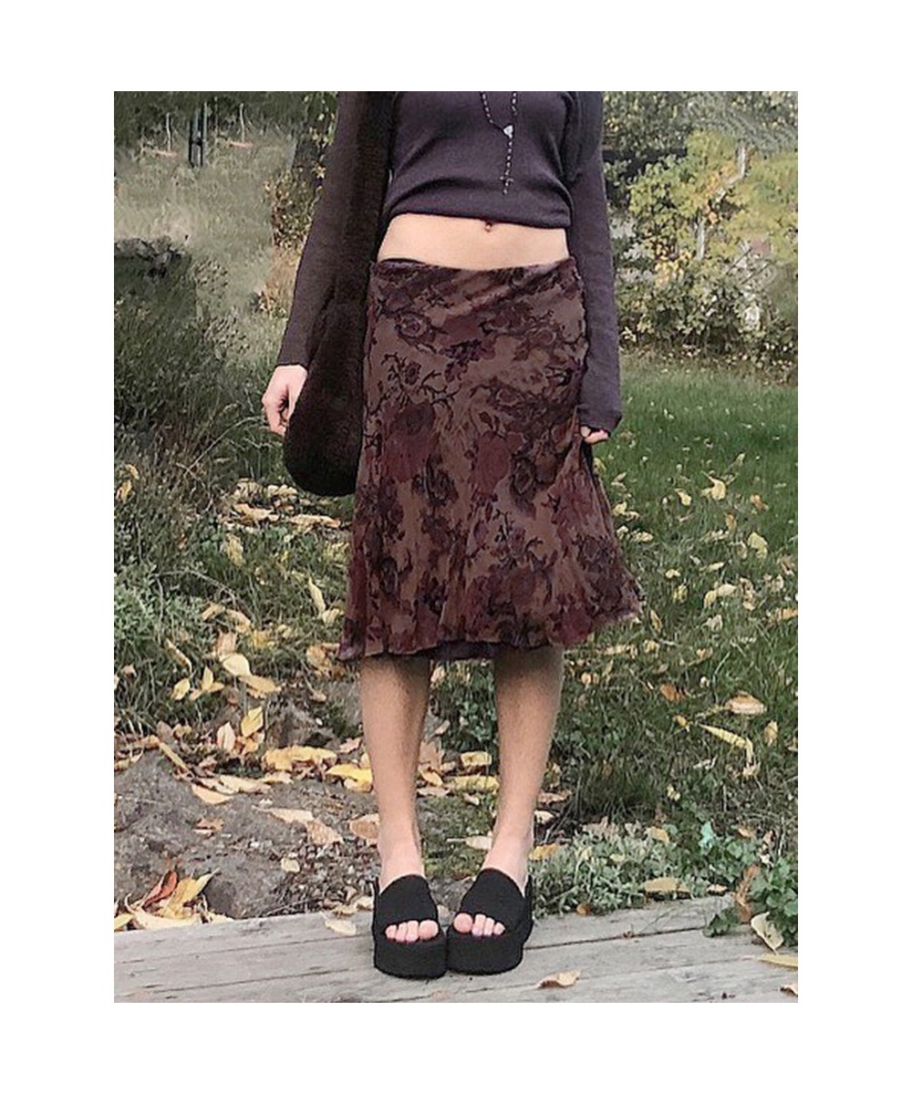 Vintage Y2K Floral Printed Low Waist Skirt Women 90s Aesthetic Grunge Fairycore Midi Skirts Summer Mesh Double Layer $30.17 -...