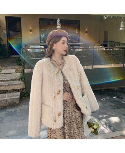 Sweet Vintage Faux Fur Jacket Women 2022 Winter Horn Buckle High Street Outwear Short Coat Female Korean Fashion Loose Warm $...