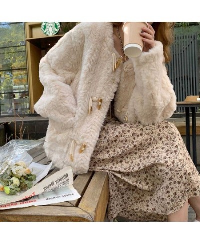 Sweet Vintage Faux Fur Jacket Women 2022 Winter Horn Buckle High Street Outwear Short Coat Female Korean Fashion Loose Warm $...