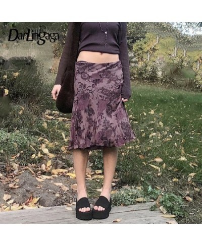 Vintage Y2K Floral Printed Low Waist Skirt Women 90s Aesthetic Grunge Fairycore Midi Skirts Summer Mesh Double Layer $30.17 -...