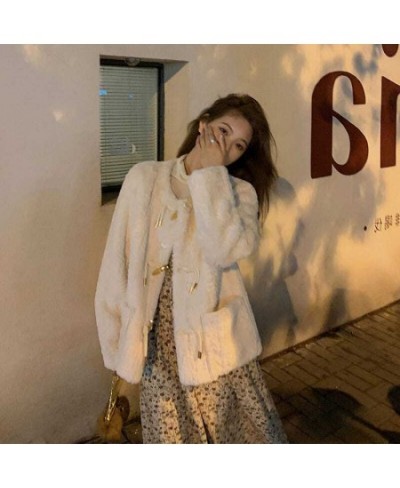 Sweet Vintage Faux Fur Jacket Women 2022 Winter Horn Buckle High Street Outwear Short Coat Female Korean Fashion Loose Warm $...