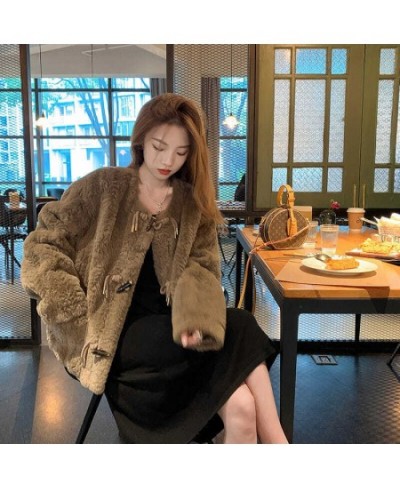 Sweet Vintage Faux Fur Jacket Women 2022 Winter Horn Buckle High Street Outwear Short Coat Female Korean Fashion Loose Warm $...