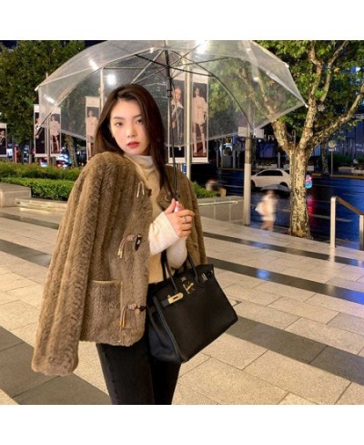 Sweet Vintage Faux Fur Jacket Women 2022 Winter Horn Buckle High Street Outwear Short Coat Female Korean Fashion Loose Warm $...