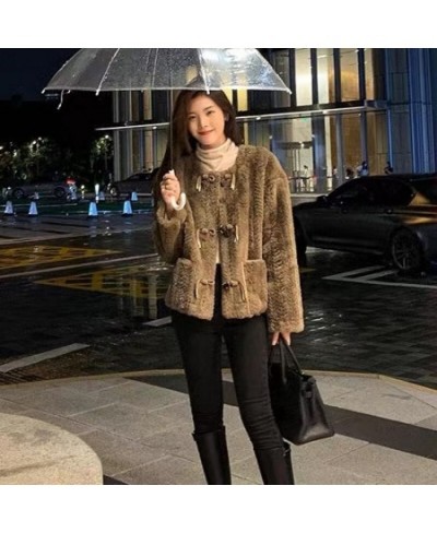 Sweet Vintage Faux Fur Jacket Women 2022 Winter Horn Buckle High Street Outwear Short Coat Female Korean Fashion Loose Warm $...