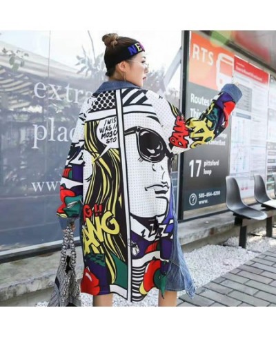 Women Cartoon Character Print Denim Coat 2023 Spring Women Personality Long Coat Single Breasted Full Sleeve Coat ZQY1265 $75...