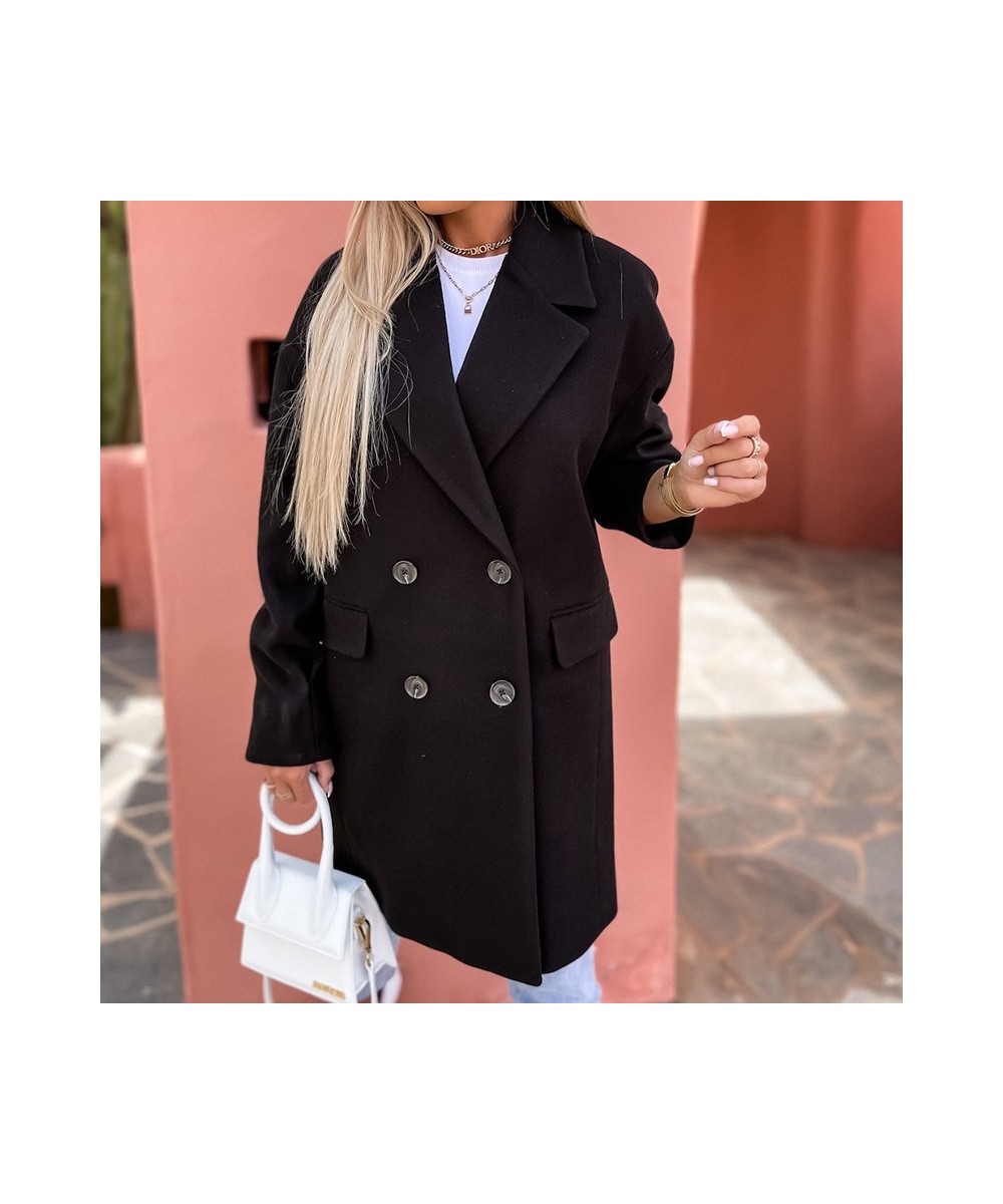 Fashion Solid Woolen Coat Autumn Women Casual Loose Midi Coat Blazer Elegant Lapel Long Sleeve Ladies Double-breasted Cardiga...