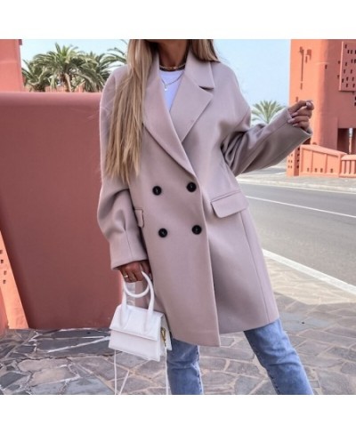 Fashion Solid Woolen Coat Autumn Women Casual Loose Midi Coat Blazer Elegant Lapel Long Sleeve Ladies Double-breasted Cardiga...