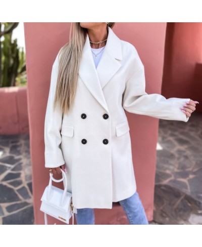 Fashion Solid Woolen Coat Autumn Women Casual Loose Midi Coat Blazer Elegant Lapel Long Sleeve Ladies Double-breasted Cardiga...