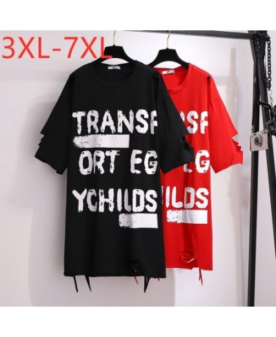 2023 Ladies Summer Plus Size Tops For Women Large Short Sleeve Loose Red Cotton Letter Hole Long T-shirt 3XL 4XL 5XL 6XL 7XL ...