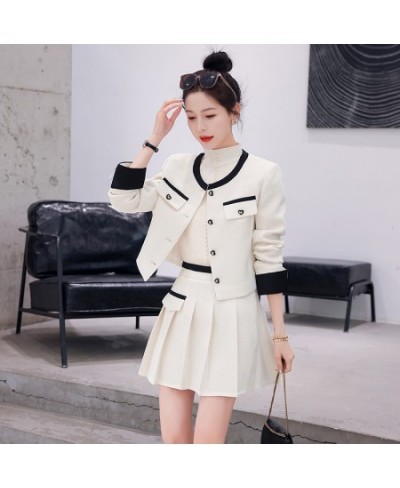 Small Fragrance Women Spring Autumn 2 Piece Sets Lady Fashion Elegant Slim Crop Top Short Coat And Pleated Mini Skirt Suit Se...