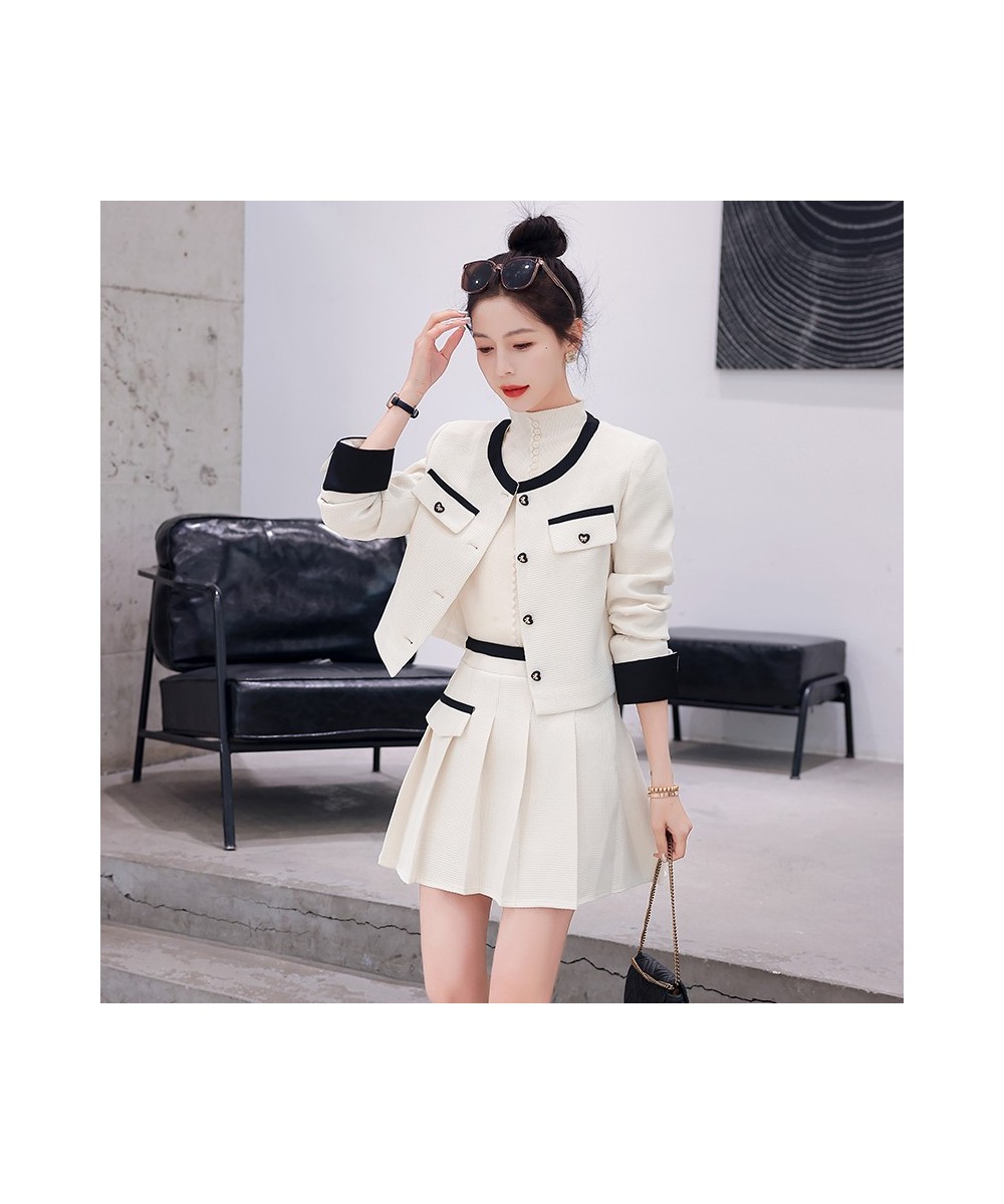 Small Fragrance Women Spring Autumn 2 Piece Sets Lady Fashion Elegant Slim Crop Top Short Coat And Pleated Mini Skirt Suit Se...