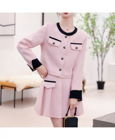 Small Fragrance Women Spring Autumn 2 Piece Sets Lady Fashion Elegant Slim Crop Top Short Coat And Pleated Mini Skirt Suit Se...