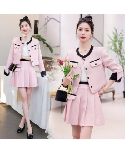 Small Fragrance Women Spring Autumn 2 Piece Sets Lady Fashion Elegant Slim Crop Top Short Coat And Pleated Mini Skirt Suit Se...