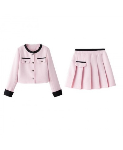 Small Fragrance Women Spring Autumn 2 Piece Sets Lady Fashion Elegant Slim Crop Top Short Coat And Pleated Mini Skirt Suit Se...