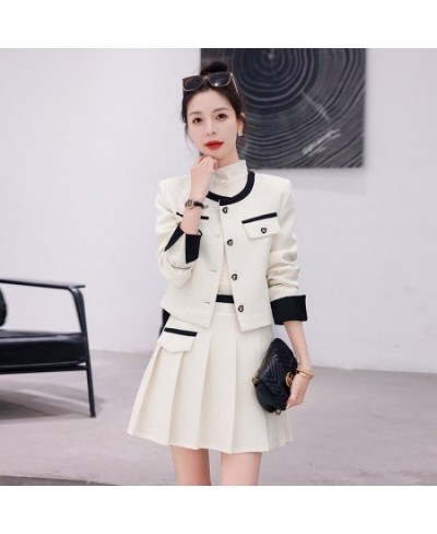 Small Fragrance Women Spring Autumn 2 Piece Sets Lady Fashion Elegant Slim Crop Top Short Coat And Pleated Mini Skirt Suit Se...