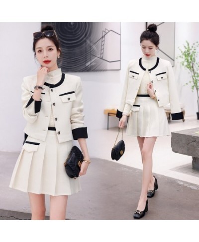 Small Fragrance Women Spring Autumn 2 Piece Sets Lady Fashion Elegant Slim Crop Top Short Coat And Pleated Mini Skirt Suit Se...