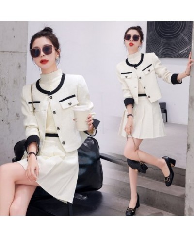 Small Fragrance Women Spring Autumn 2 Piece Sets Lady Fashion Elegant Slim Crop Top Short Coat And Pleated Mini Skirt Suit Se...