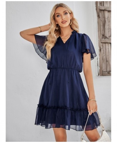 Fresh Sweet V-neck Solid Color Ruffle Dress Women's 2023 Summer Leisure Women New High Fashion Elegant Commuting Beach Dresse...