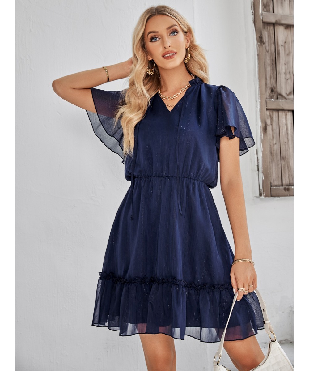 Fresh Sweet V-neck Solid Color Ruffle Dress Women's 2023 Summer Leisure Women New High Fashion Elegant Commuting Beach Dresse...