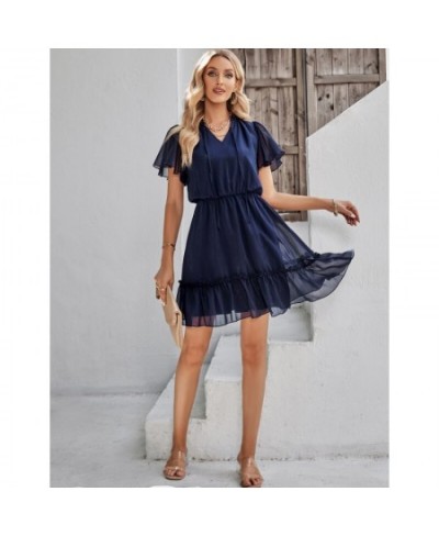 Fresh Sweet V-neck Solid Color Ruffle Dress Women's 2023 Summer Leisure Women New High Fashion Elegant Commuting Beach Dresse...