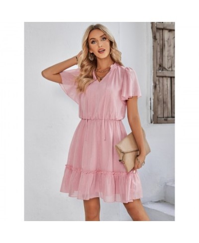 Fresh Sweet V-neck Solid Color Ruffle Dress Women's 2023 Summer Leisure Women New High Fashion Elegant Commuting Beach Dresse...