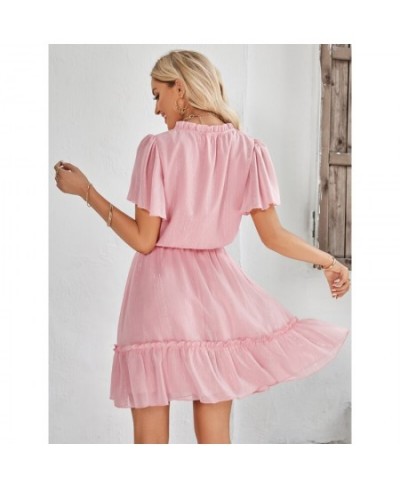 Fresh Sweet V-neck Solid Color Ruffle Dress Women's 2023 Summer Leisure Women New High Fashion Elegant Commuting Beach Dresse...