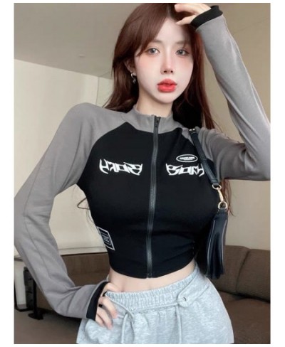 Y2K Vintage T-shirt Women Spring Long Sleeve O Neck Crop Top Korean Fashion Vintage High Street Zip Up Skinny Tees Streetwear...