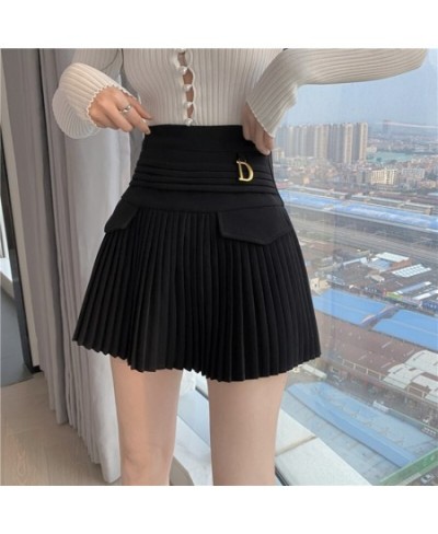 Black Pleated Skirts Women High Waist Mini Skirt Metal Letter D Design A-Line Clubwear Korean Sexy Streetwear Show Casual $35...