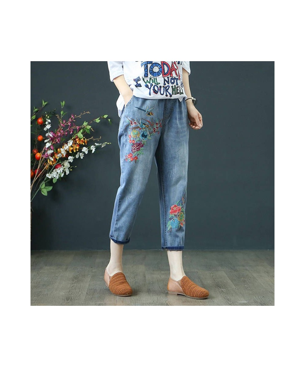 Baggy Jeans Women High Waist Plus Size Mom Ladies Jeans Trousers Denim Embroidery Loose Ankle Length Harem Pants Elastic Wais...