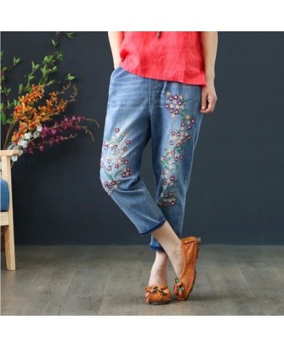 Baggy Jeans Women High Waist Plus Size Mom Ladies Jeans Trousers Denim Embroidery Loose Ankle Length Harem Pants Elastic Wais...